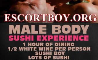 Manger des sushis sur le corps d'un homme escort